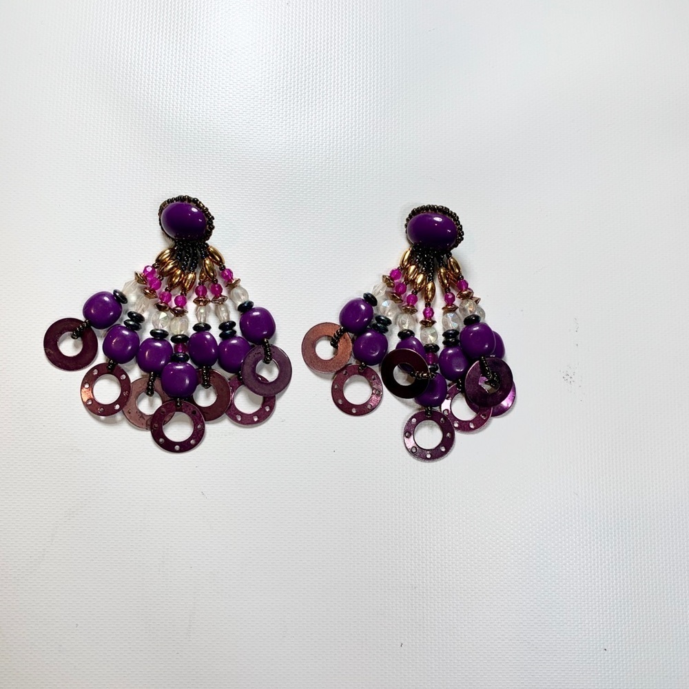 Purple Beaded Chunky Statement Earrings Sequins - Picture 6 of 8